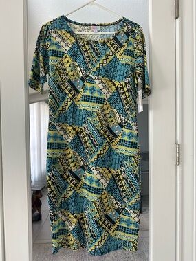 LuLaRoe Geometric Midi Dress - Teal, Yellow & Black